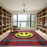 Vibrant Smiley Face Rainbow Stripe Area Rug