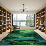 Serene Emerald Misty Mountains Moonlit Rug