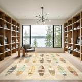 Beige Coastal Surfboard Washable Area Rug