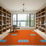Vibrant Orange Shag Area Rug with Blue Geometric Patches