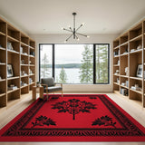 Red Black Floral Tree Motif Area Rug