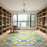 Yellow Blue Hibiscus Trellis Area Rug