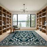 Navy Blue Traditional Persian Area Rug with Ornate Ivory Motifs