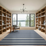 Coastal Beach Blue and Teal Navy and White Striped Coastal Area Rug