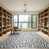 Swirling Curves Black White Abstract Area Rug