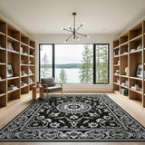 Black White Persian Floral Medallion Rug