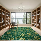 Emerald Green Golden Leaf Outline Area Rug