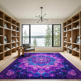 Washable Psychedelic Neon Purple Mandala Low Pile Area Rug