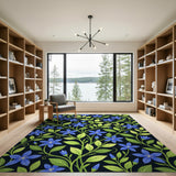 ODIKA Washable Blue Floral Area Rug - Low Pile Non-Slip Vintage Botanical Carpet