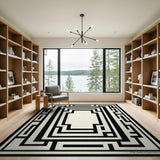 Intricate Black White Labyrinth Maze Rug