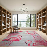 Pink Flamingo Palm Leaf Coastal Beach Area Rug