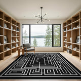 Black White Geometric Maze Black and White Area Rug