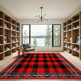 Red Black Buffalo Plaid Area Rug with Ornate Border