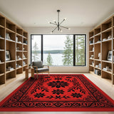 Vintage Red Floral Border Rug with Black Motifs