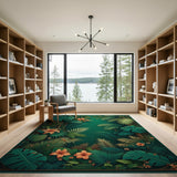 Lush Emerald Jungle Monstera Hibiscus Rug