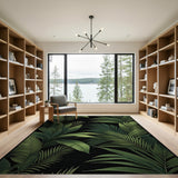Lush Green Palm Leaves on Black Area Rug