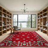 Festive Red Snowflake Area Rug with Holly Border