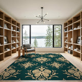 Vintage Teal Gold Damask Floral Area Rug