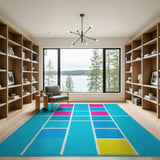 Vibrant Teal Grid Geometric Area Rug