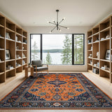Burnt Orange Persian Area Rug with Navy Border