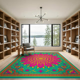 Vibrant Pink Lotus Mandala Teal Area Rug