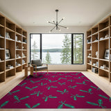 Teal Fern Leaf Area Rug on Deep Red