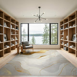 ODIKA Modern Abstract Gold and White Washable Area Rug - Low Pile Non-Slip Living Room Carpet
