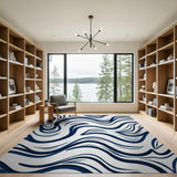 Navy Blue Abstract Wave Blue and Teal Area Rug