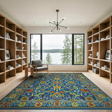 Vibrant Blue Persian Area Rug with Multi-Color Florals