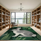 Whimsical Gray Bunny in Lush Green Leaves Area Rug