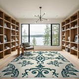 Elegant Teal Floral Damask Area Rug