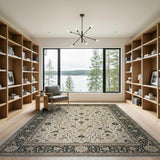 Ivory Persian Floral Area Rug with Navy Border