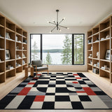 Modern Geometric Abstract Area Rug Black White Red