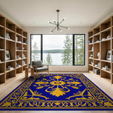 Royal Blue Gold Ornate Floral Border Rug