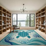 Teal Sea Turtle Coral Reef Area Rug