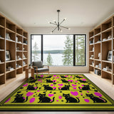 Whimsical Black Cats Pink Hearts Yellow Area Rug