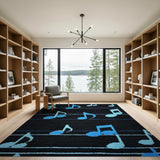 Blue Music Notes on Black Area Rug