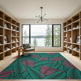 Teal Pink Palm Leaf Area Rug