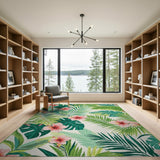 Vibrant Pink Hibiscus Green Palm Leaf Area Rug