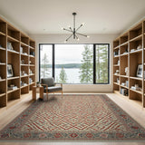 Red Geometric Persian Area Rug with Navy Border