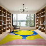 Vibrant Yellow Abstract Rug with Blue Loops Pink Curves