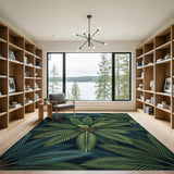 Navy Palm Frond Area Rug with Teal Leaves