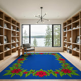 Red Floral Border Blue Area Rug