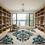 Teal Damask Area Rug with Black Accents