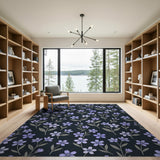 Elegant Purple Lilac Floral Black Area Rug