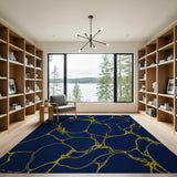 Gold and Silver Navy Blue Gold Vein Abstract Area Rug