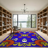 Vibrant Blue Skull Marigold Area Rug