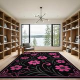 Pink Floral Vintage Area Rug on Black