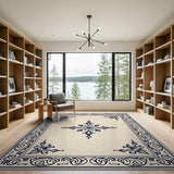 Navy Ornate Floral Border Cream Area Rug