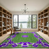 Green Knotwork Area Rug with Purple Floral Borders